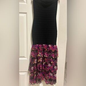Bebe Black Strapless Dress with Floral Skirt
